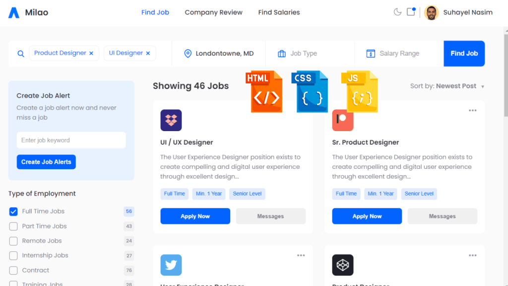 Create Job Search Platform UI Design With Source Code