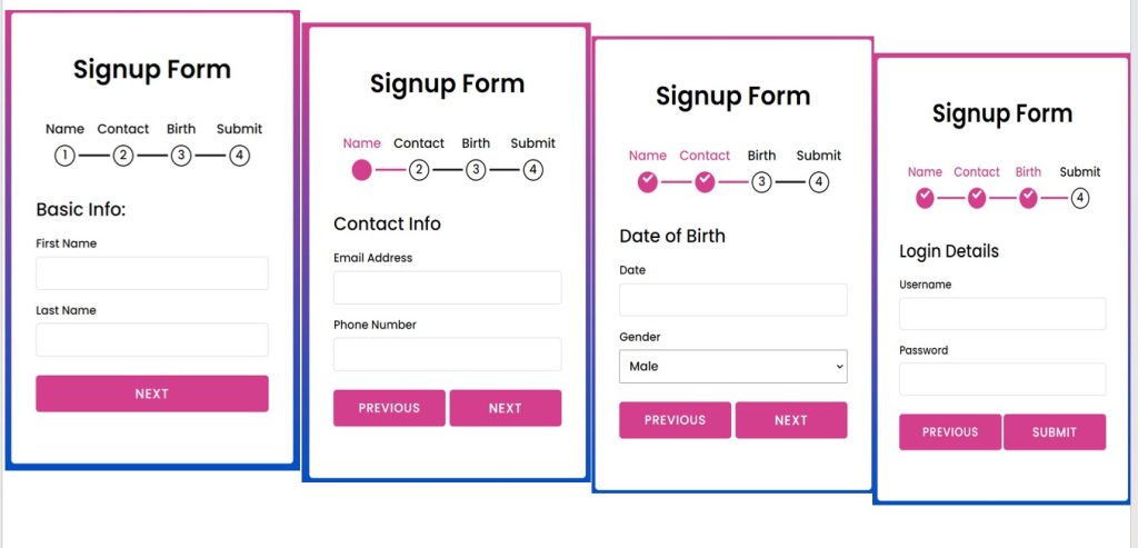 Build a Multi Step Form With Step Progress Bar Using HTML,CSS and JavaScript Build a Multi Step Form Using HTML,CSS & JavaScript
