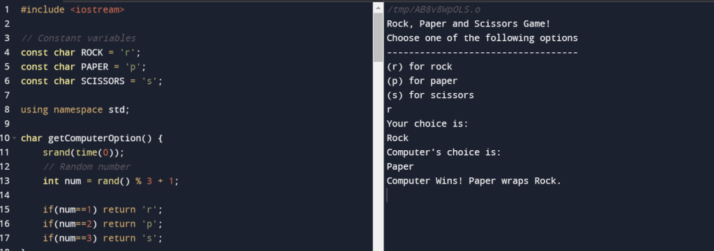Rock Paper and Scissor Game Using C++