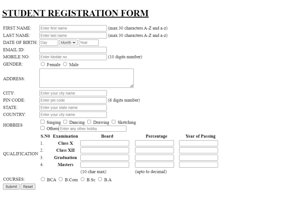 Simple Student Registration Form Using HTML & CSS with code