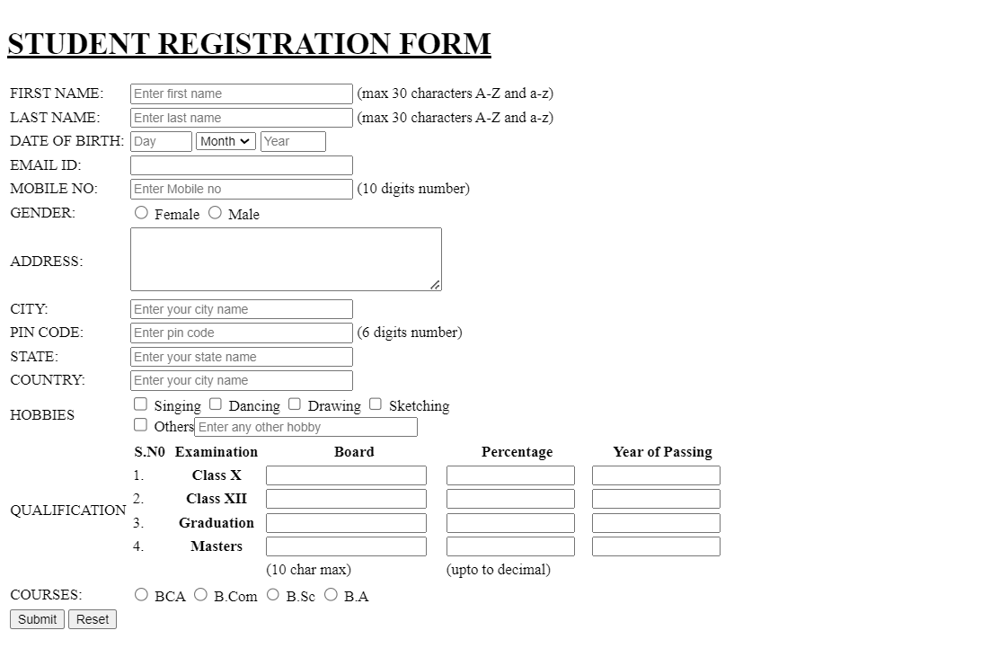 Simple Student Registration Form Using HTML & CSS with code